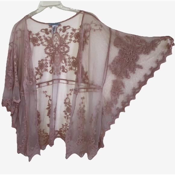 LAUNDRY BY DESIGN OSFM Flowy Lace Open Front Top Cover One Size Neutral Duster - Picture 1 of 6